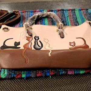 Chic Cat Design Brown and Cream Satchel PVC